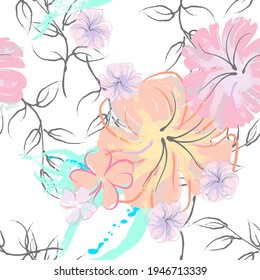 Pink Flowers Blooming Pattern. Pastel Watercolor Floral Print. Little Pink, Yellow, Lilac flower on grey leaf. Elegant brush Background. Seamless Botanical Vector Surface. Texture For Fashion Prints.