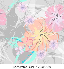 Pink Flowers Blooming Pattern. Pastel Watercolor Floral Print. Little Pink, Yellow, Lilac flower on grey leaf. Elegant brush Background. Seamless Botanical Vector Surface. Texture For Fashion Prints.