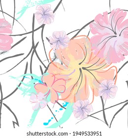 Patrón De Florecimiento De Flores Rosadas. Impresión floral de color de agua pastel. Flor rosada, amarilla, lagaríaca en hojas grises. Fondo elegante del pincel Superficie de vectores botánicos impecable. Textura Para Las Impresiones De Moda.