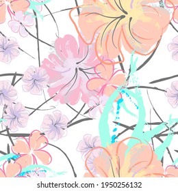 Patrón De Florecimiento De Flores Rosadas. Impresión floral de color de agua pastel. Flor rosada, amarilla, lagaríaca en hojas grises. Fondo elegante del pincel Superficie de vectores botánicos impecable. Textura Para Las Impresiones De Moda.