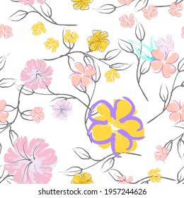 Pink Flowers Blooming Pattern. Pastel Watercolor Floral Print. Little Pink, Yellow, Lilac flower on grey leaf. Elegant brush Background. Seamless Botanical Vector Surface. Texture For Fashion Prints.