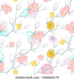 Pink Flowers Blooming Pattern. Pastel Watercolor Floral Print. Little Pink, Yellow, Lilac flower on grey leaf. Elegant brush Background. Seamless Botanical Vector Surface. Texture For Fashion Prints.