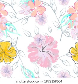 Pink Flowers Blooming Pattern. Pastel Watercolor Floral Print. Little Pink, Yellow, Lilac flower on grey leaf. Elegant brush Background. Seamless Botanical Vector Surface. Texture For Fashion Prints.