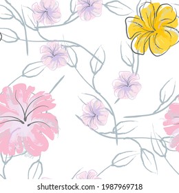 Patrón De Florecimiento De Flores Rosadas. Impresión floral de color de agua pastel. Flor rosada, amarilla, lagaríaca en hojas grises. Fondo elegante del pincel Superficie de vectores botánicos impecable. Textura Para Las Impresiones De Moda.