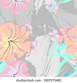 Pink Flowers Blooming Pattern. Pastel Watercolor Floral Print. Little Pink, Yellow, Lilac flower on grey leaf. Elegant brush Background. Seamless Botanical Vector Surface. Texture For Fashion Prints.
