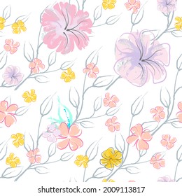 Patrón De Florecimiento De Flores Rosadas. Impresión floral de color de agua pastel. Flor rosada, amarilla, lagaríaca en hojas grises. Fondo elegante del pincel Superficie de vectores botánicos impecable. Textura Para Las Impresiones De Moda.