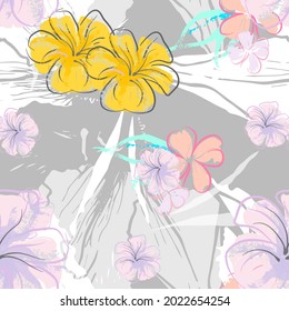 Pink Flowers Blooming Pattern. Pastel Watercolor Floral Print. Little Pink, Yellow, Lilac flower on grey leaf. Elegant brush Background. Seamless Botanical Vector Surface. Texture For Fashion Prints.