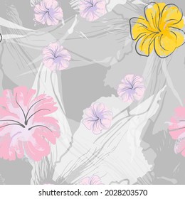 Patrón De Florecimiento De Flores Rosadas. Impresión floral de color de agua pastel. Flor rosada, amarilla, lagaríaca en hojas grises. Fondo elegante del pincel Superficie de vectores botánicos impecable. Textura Para Las Impresiones De Moda.