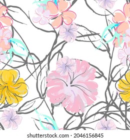 Pink Flowers Blooming Pattern. Pastel Watercolor Floral Print. Little Pink, Yellow, Lilac flower on grey leaf. Elegant brush Background. Seamless Botanical Vector Surface. Texture For Fashion Prints.