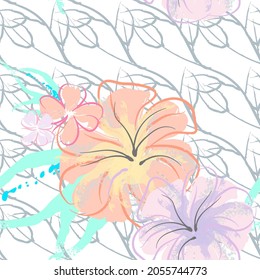 Pink Flowers Blooming Pattern. Pastel Watercolor Floral Print. Little Pink, Yellow, Lilac flower on grey leaf. Elegant brush Background. Seamless Botanical Vector Surface. Texture For Fashion Prints.