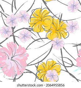 Pink Flowers Blooming Pattern. Pastel Watercolor Floral Print. Little Pink, Yellow, Lilac flower on grey leaf. Elegant brush Background. Seamless Botanical Vector Surface. Texture For Fashion Prints.
