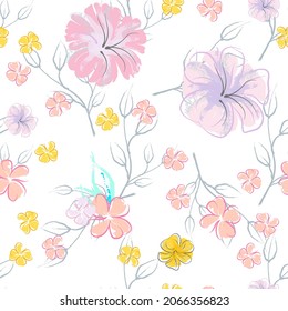 Pink Flowers Blooming Pattern. Pastel Watercolor Floral Print. Little Pink, Yellow, Lilac flower on grey leaf. Elegant brush Background. Seamless Botanical Vector Surface. Texture For Fashion Prints.