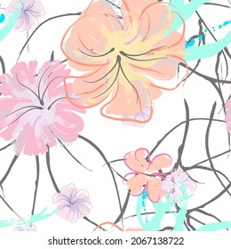 Pink Flowers Blooming Pattern. Pastel Watercolor Floral Print. Little Pink, Yellow, Lilac flower on grey leaf. Elegant brush Background. Seamless Botanical Vector Surface. Texture For Fashion Prints.