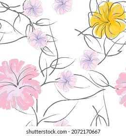 Pink Flowers Blooming Pattern. Pastel Watercolor Floral Print. Little Pink, Yellow, Lilac flower on grey leaf. Elegant brush Background. Seamless Botanical Vector Surface. Texture For Fashion Prints.