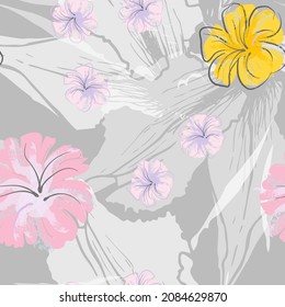 Patrón De Florecimiento De Flores Rosadas. Impresión floral de color de agua pastel. Flor rosada, amarilla, lagaríaca en hojas grises. Fondo elegante del pincel Superficie de vectores botánicos impecable. Textura Para Las Impresiones De Moda.