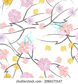 Patrón De Florecimiento De Flores Rosadas. Impresión floral de color de agua pastel. Flor rosada, amarilla, lagaríaca en hojas grises. Fondo elegante del pincel Superficie de vectores botánicos impecable. Textura Para Las Impresiones De Moda.