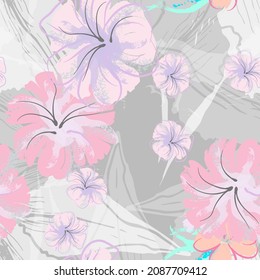 rosafarbene Blumen blühendes Muster. Pastellwasserfarbe Blumendruck. Little Pink, Gelb, Lilac Blume auf grauem Blatt. Eleganter Bürstenhintergrund. Nahtlose botanische Vektoroberfläche. Textur für Modedrucke.