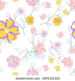 Pink Flowers Blooming Pattern. Pastel Watercolor Floral Print. Little Pink, Yellow, Lilac flower on grey leaf. Elegant brush Background. Seamless Botanical Vector Surface. Texture For Fashion Prints.