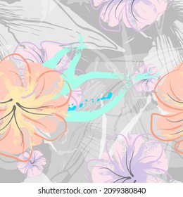 Pink Flowers Blooming Pattern. Pastel Watercolor Floral Print. Little Pink, Yellow, Lilac flower on grey leaf. Elegant brush Background. Seamless Botanical Vector Surface. Texture For Fashion Prints.