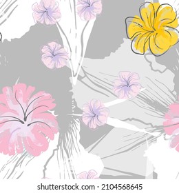 Pink Flowers Blooming Pattern. Pastel Watercolor Floral Print. Little Pink, Yellow, Lilac flower on grey leaf. Elegant brush Background. Seamless Botanical Vector Surface. Texture For Fashion Prints.