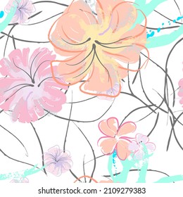 Pink Flowers Blooming Pattern. Pastel Watercolor Floral Print. Little Pink, Yellow, Lilac flower on grey leaf. Elegant brush Background. Seamless Botanical Vector Surface. Texture For Fashion Prints.