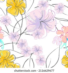 Pink Flowers Blooming Pattern. Pastel Watercolor Floral Print. Little Pink, Yellow, Lilac flower on grey leaf. Elegant brush Background. Seamless Botanical Vector Surface. Texture For Fashion Prints.
