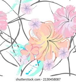 rosafarbene Blumen blühendes Muster. Pastellwasserfarbe Blumendruck. Little Pink, Gelb, Lilac Blume auf grauem Blatt. Eleganter Bürstenhintergrund. Nahtlose botanische Vektoroberfläche. Textur für Modedrucke.