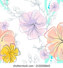 Pink Flowers Blooming Pattern. Pastel Watercolor Floral Print. Little Pink, Yellow, Lilac flower on grey leaf. Elegant brush Background. Seamless Botanical Vector Surface. Texture For Fashion Prints.