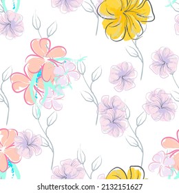 Pink Flowers Blooming Pattern. Pastel Watercolor Floral Print. Little Pink, Yellow, Lilac flower on grey leaf. Elegant brush Background. Seamless Botanical Vector Surface. Texture For Fashion Prints.