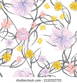 Patrón De Florecimiento De Flores Rosadas. Impresión floral de color de agua pastel. Flor rosada, amarilla, lagaríaca en hojas grises. Fondo elegante del pincel Superficie de vectores botánicos impecable. Textura Para Las Impresiones De Moda.
