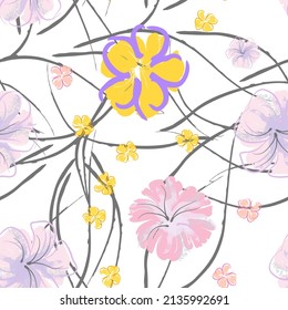Patrón De Florecimiento De Flores Rosadas. Impresión floral de color de agua pastel. Flor rosada, amarilla, lagaríaca en hojas grises. Fondo elegante del pincel Superficie de vectores botánicos impecable. Textura Para Las Impresiones De Moda.