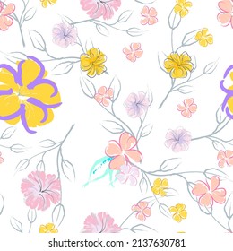 Patrón De Florecimiento De Flores Rosadas. Impresión floral de color de agua pastel. Flor rosada, amarilla, lagaríaca en hojas grises. Fondo elegante del pincel Superficie de vectores botánicos impecable. Textura Para Las Impresiones De Moda.