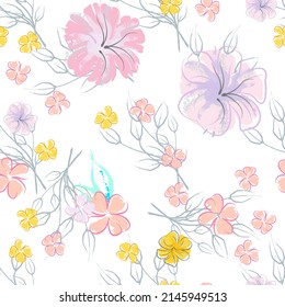 Pink Flowers Blooming Pattern. Pastel Watercolor Floral Print. Little Pink, Yellow, Lilac flower on grey leaf. Elegant brush Background. Seamless Botanical Vector Surface. Texture For Fashion Prints.
