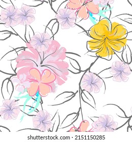 Patrón De Florecimiento De Flores Rosadas. Impresión floral de color de agua pastel. Flor rosada, amarilla, lagaríaca en hojas grises. Fondo elegante del pincel Superficie de vectores botánicos impecable. Textura Para Las Impresiones De Moda.
