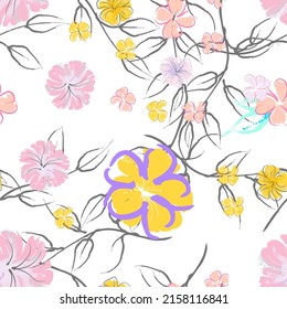 Pink Flowers Blooming Pattern. Pastel Watercolor Floral Print. Little Pink, Yellow, Lilac flower on grey leaf. Elegant brush Background. Seamless Botanical Vector Surface. Texture For Fashion Prints.