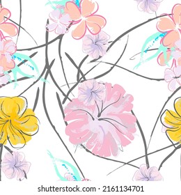 Pink Flowers Blooming Pattern. Pastel Watercolor Floral Print. Little Pink, Yellow, Lilac flower on grey leaf. Elegant brush Background. Seamless Botanical Vector Surface. Texture For Fashion Prints.