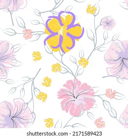 Pink Flowers Blooming Pattern. Pastel Watercolor Floral Print. Little Pink, Yellow, Lilac flower on grey leaf. Elegant brush Background. Seamless Botanical Vector Surface. Texture For Fashion Prints.