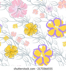 Pink Flowers Blooming Pattern. Pastel Watercolor Floral Print. Little Pink, Yellow, Lilac flower on grey leaf. Elegant brush Background. Seamless Botanical Vector Surface. Texture For Fashion Prints.