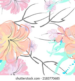 Patrón De Florecimiento De Flores Rosadas. Impresión floral de color de agua pastel. Flor rosada, amarilla, lagaríaca en hojas grises. Fondo elegante del pincel Superficie de vectores botánicos impecable. Textura Para Las Impresiones De Moda.