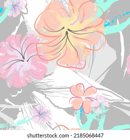 Pink Flowers Blooming Pattern. Pastel Watercolor Floral Print. Little Pink, Yellow, Lilac flower on grey leaf. Elegant brush Background. Seamless Botanical Vector Surface. Texture For Fashion Prints.