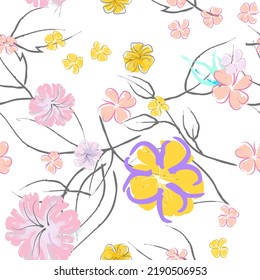 Pink Flowers Blooming Pattern. Pastel Watercolor Floral Print. Little Pink, Yellow, Lilac flower on grey leaf. Elegant brush Background. Seamless Botanical Vector Surface. Texture For Fashion Prints.