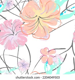 rosafarbene Blumen blühendes Muster. Pastellwasserfarbe Blumendruck. Little Pink, Gelb, Lilac Blume auf grauem Blatt. Eleganter Bürstenhintergrund. Nahtlose botanische Vektoroberfläche. Textur für Modedrucke.