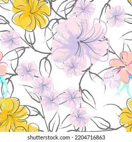 Pink Flowers Blooming Pattern. Pastel Watercolor Floral Print. Little Pink, Yellow, Lilac flower on grey leaf. Elegant brush Background. Seamless Botanical Vector Surface. Texture For Fashion Prints.