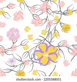 Pink Flowers Blooming Pattern. Pastel Watercolor Floral Print. Little Pink, Yellow, Lilac flower on grey leaf. Elegant brush Background. Seamless Botanical Vector Surface. Texture For Fashion Prints.