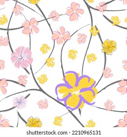 Pink Flowers Blooming Pattern. Pastel Watercolor Floral Print. Little Pink, Yellow, Lilac flower on grey leaf. Elegant brush Background. Seamless Botanical Vector Surface. Texture For Fashion Prints.