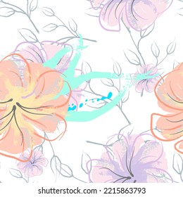 Patrón De Florecimiento De Flores Rosadas. Impresión floral de color de agua pastel. Flor rosada, amarilla, lagaríaca en hojas grises. Fondo elegante del pincel Superficie de vectores botánicos impecable. Textura Para Las Impresiones De Moda.