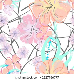Pink Flowers Blooming Pattern. Pastel Watercolor Floral Print. Little Pink, Yellow, Lilac flower on grey leaf. Elegant brush Background. Seamless Botanical Vector Surface. Texture For Fashion Prints.