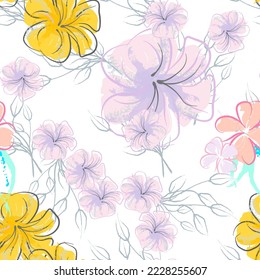 Patrón De Florecimiento De Flores Rosadas. Impresión floral de color de agua pastel. Flor rosada, amarilla, lagaríaca en hojas grises. Fondo elegante del pincel Superficie de vectores botánicos impecable. Textura Para Las Impresiones De Moda.