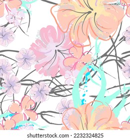 rosafarbene Blumen blühendes Muster. Pastellwasserfarbe Blumendruck. Little Pink, Gelb, Lilac Blume auf grauem Blatt. Eleganter Bürstenhintergrund. Nahtlose botanische Vektoroberfläche. Textur für Modedrucke.