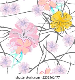 rosafarbene Blumen blühendes Muster. Pastellwasserfarbe Blumendruck. Little Pink, Gelb, Lilac Blume auf grauem Blatt. Eleganter Bürstenhintergrund. Nahtlose botanische Vektoroberfläche. Textur für Modedrucke.